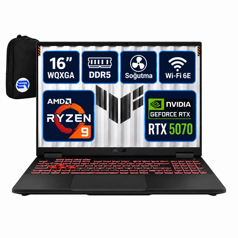 Asus TUF Gaming A16 FA608PP-QT030EP3 Ryzen9 8940HX RTX5070 16GBRAM 2TBSSD 16'' WQXGA 165Hz Win11 Pro + ElektroPasaj Çanta