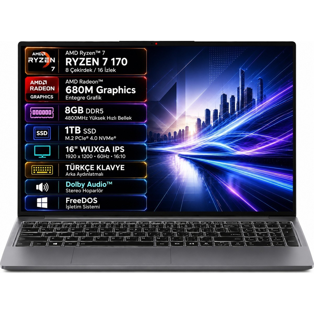 Ideapad Slim 3 16ARP10 83K800DKTR-01 Amd Ryzen 7-170 8gb 1tb SSD 16