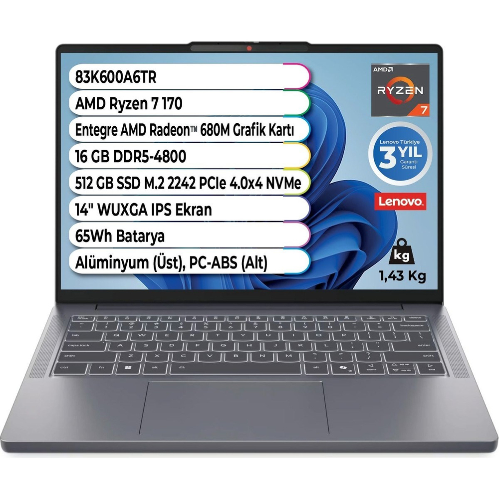 Ideapad Slim 3 Amd Ryzen 7 170 Cpu 16 GB 512 GB Amd Radeon 680 M 14 Inç Wuxga IPS 83K600A6TR