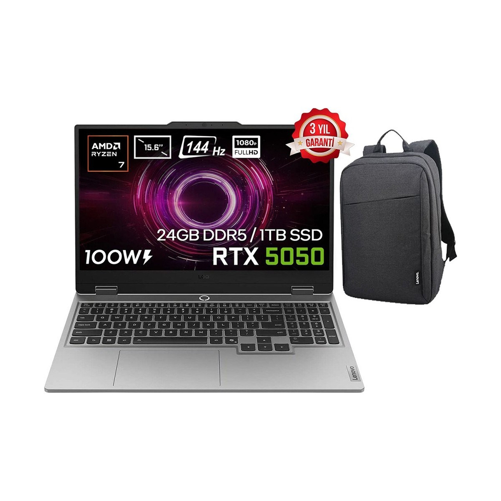 Loq 15AHP10 Amd Ryzen 7-250 24GB Ddr5 1tb SSD RTX5050 8gb 100W 15.6 Inç Full Hd 144Hz IPS Windows 11 Pro Gaming Laptop (83JG006ATR) B10 Çanta Hediyeli