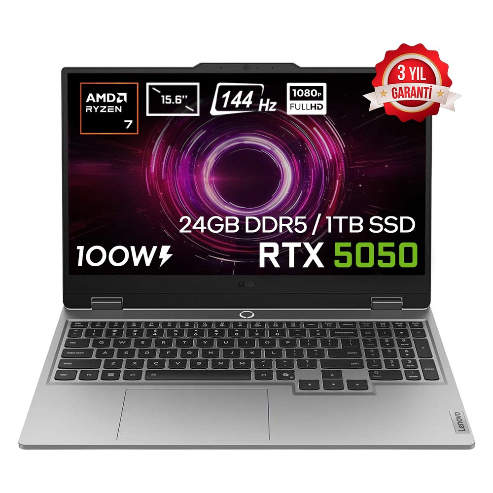 LOQ 15AHP10 AMD Ryzen 7-250 24GB DDR5 1TB SSD RTX5050 8GB 100W 15.6 inç Full HD 144Hz IPS FreeDos Gaming Laptop (83JG006ATR)