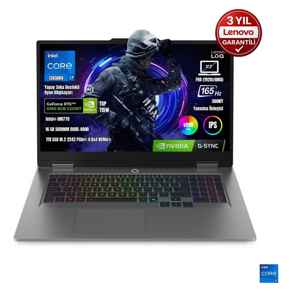 Loq 17IRX10 83JH00CNTR I7-13650HX 16GB Ddr5 1tb SSD RTX5060 8gb Tgp 115W 17.3