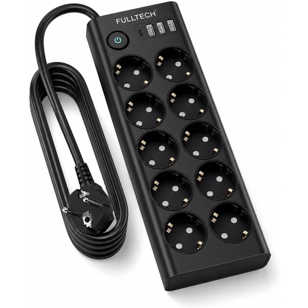 10 Lu Akım Korumalı Çoklu Priz 3 USB-A 1 USB-C Girişli Anahtarlı 3680W 16A  Aç Kapa Tuşlu 2 Metre Kablolu Priz