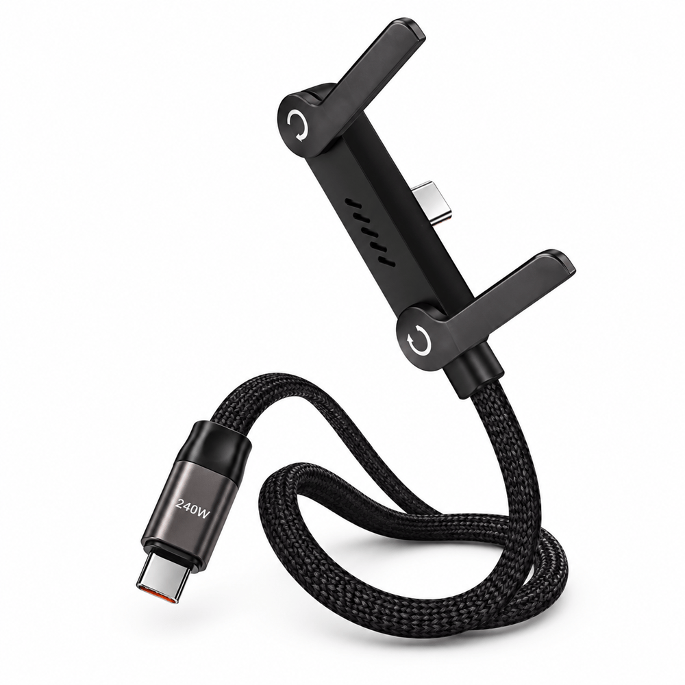 240W Type-C to Type-C 1.5 Metre Örgülü Şarj Kablosu Katlanabilir Telefon Standlı E-Marker Çipli Güç Aktarım Kablosu