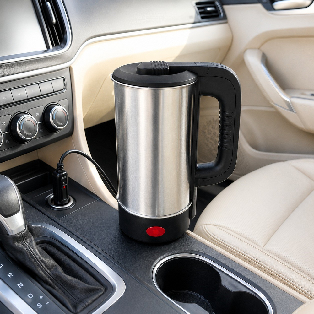 24V 800 ml Araç İçi Çakmaklık Girişli Paslanmaz Çelik Su Isıtıcı Kettle Otomatik Kapanma ve Kuru Kaynama Koruması