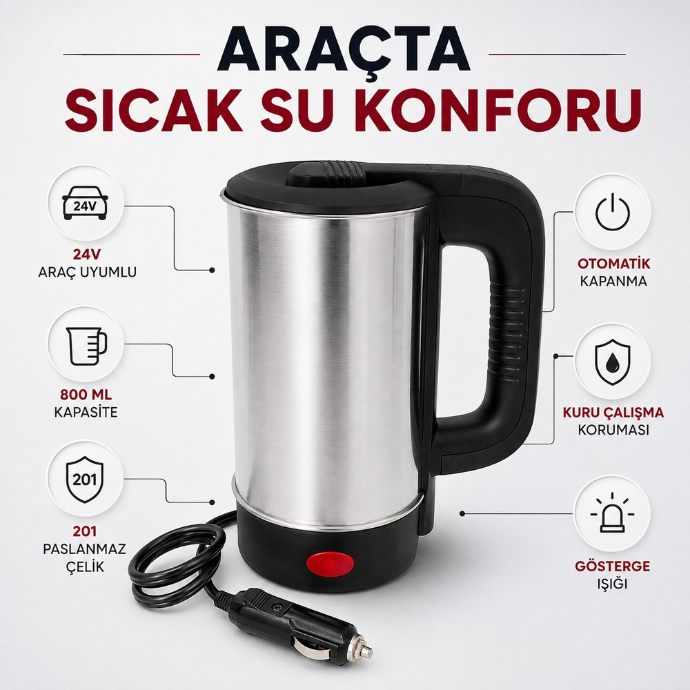24V 800 ml Araç İçi Çakmaklık Girişli Paslanmaz Çelik Su Isıtıcı Kettle Otomatik Kapanma ve Kuru Kaynama Koruması
