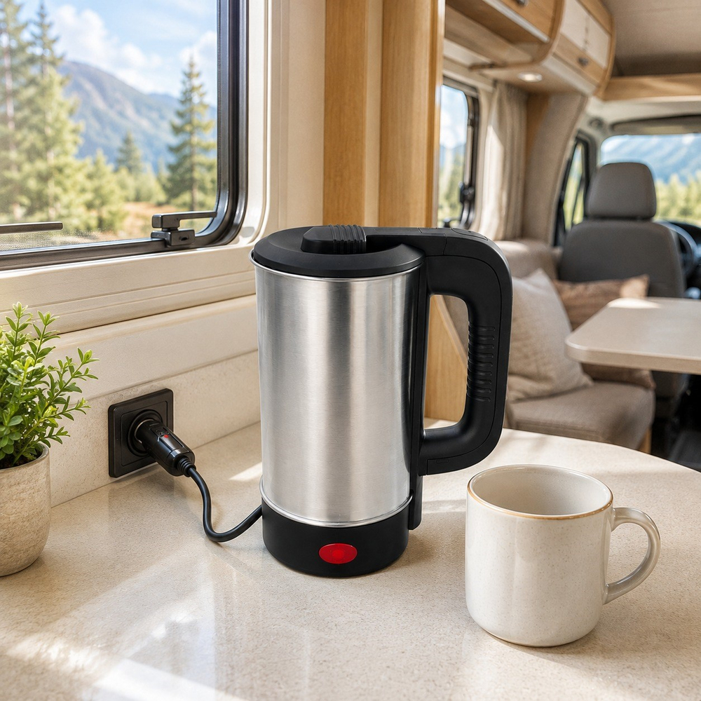 24V 800 ml Araç İçi Çakmaklık Girişli Paslanmaz Çelik Su Isıtıcı Kettle Otomatik Kapanma ve Kuru Kaynama Koruması