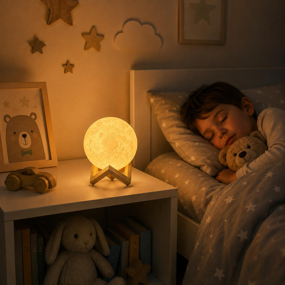 3D Ay Işığı Gece Lambası Dekoratif Ay Lamba Ahşap Standlı LED Masa Lambası Sarı Işıklı Pilli