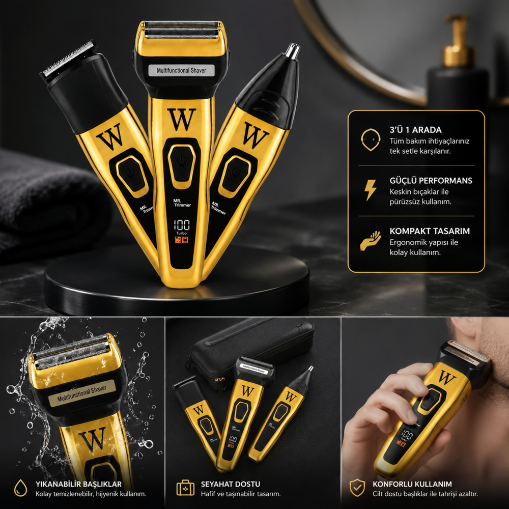 3ü 1 Arada Şarjlı Kişisel Bakım Seti 3 Başlıklı Saç Sakal Burun Kulak Tıraş Makinesi USB Type-C 8000 RPM LED Göstergeli 3 Lü Traş Makinesi