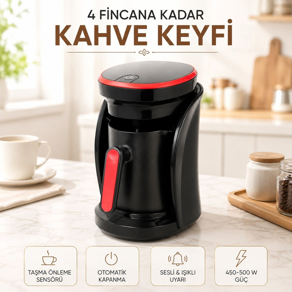 450 500W 4 Fincan Kapasiteli Türk Kahvesi Makinesi Taşma Önleyici Sensörlü Sesli ve Işıklı Uyarılı Yıkanabilir Çift Ağızlı Cezveli 
