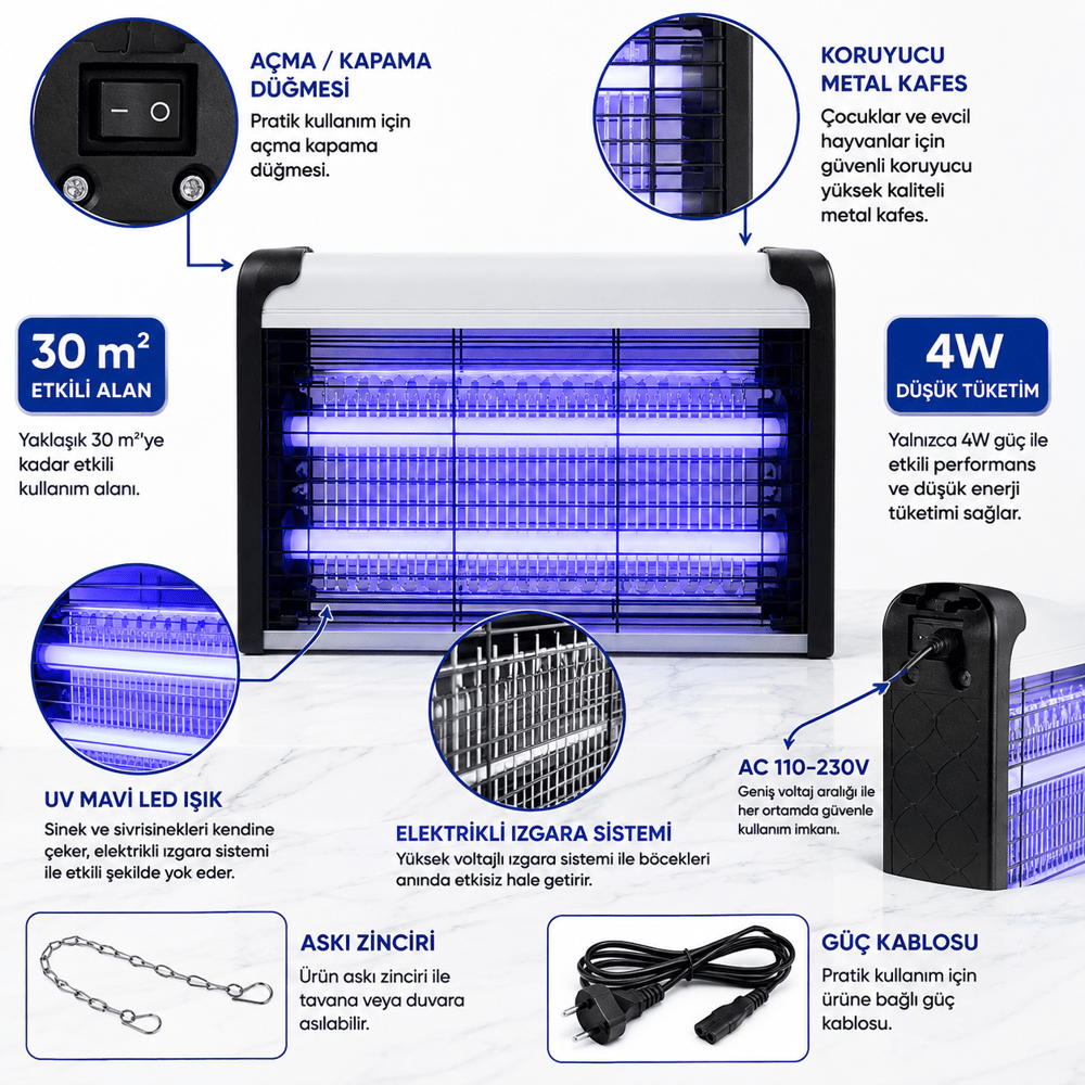 4W Elektrikli UV Mavi Işıklı Sinek ve Sivrisinek Öldürücü LED 30 m² Etkili Asılabilir Masaüstü Böcek Kovucu