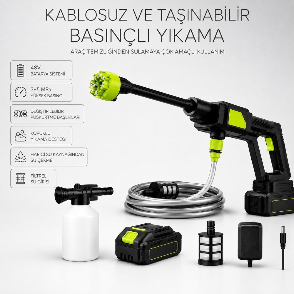8100 Şarjlı Kablosuz Yüksek Basınçlı Oto Yıkama Makinesi 48V Taşınabilir Basınçlı Su Tabancası Köpük Hazneli Ayarlanabilir Başlıklı Bahçe Araç Yıkama Makinesi 