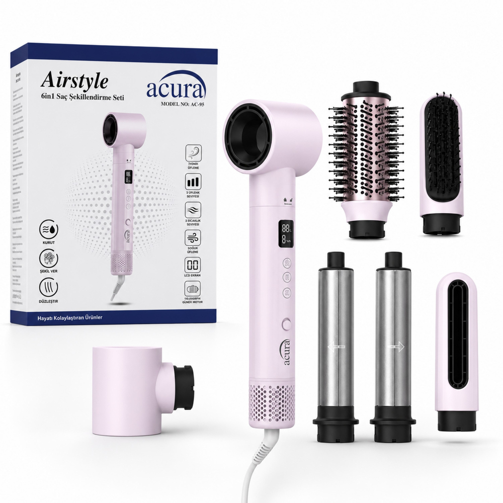 AC-95 Pembe 6 Başlıklı Saç Şekillendirme ve Kurutma Seti LCD Ekranlı İyonik Hava Üflemeli Maşa Düzleştirici Fön Seti