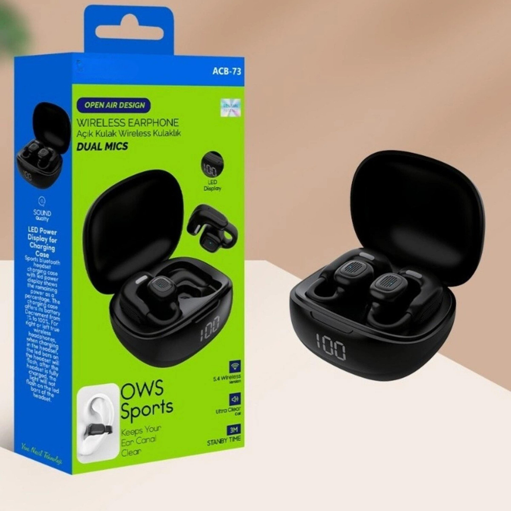 ACB73 Klipsli Kulaklık Kablosuz Açık Kulak Bluetooth Kulaklık OWS Spor Kulaklık LED Dijital Göstergeli Şarj Kutulu Dual Mikrofonlu 5.4 