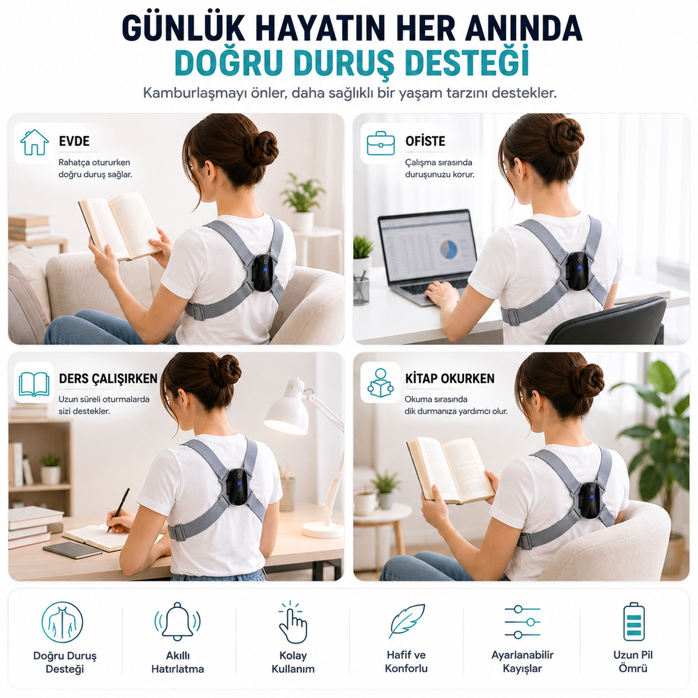 Akıllı Dik Duruş Aleti Titreşimli Duruş Düzeltici Hatırlatıcı Ayarlanabilir Omuz Destek Aparatı Şarjlı