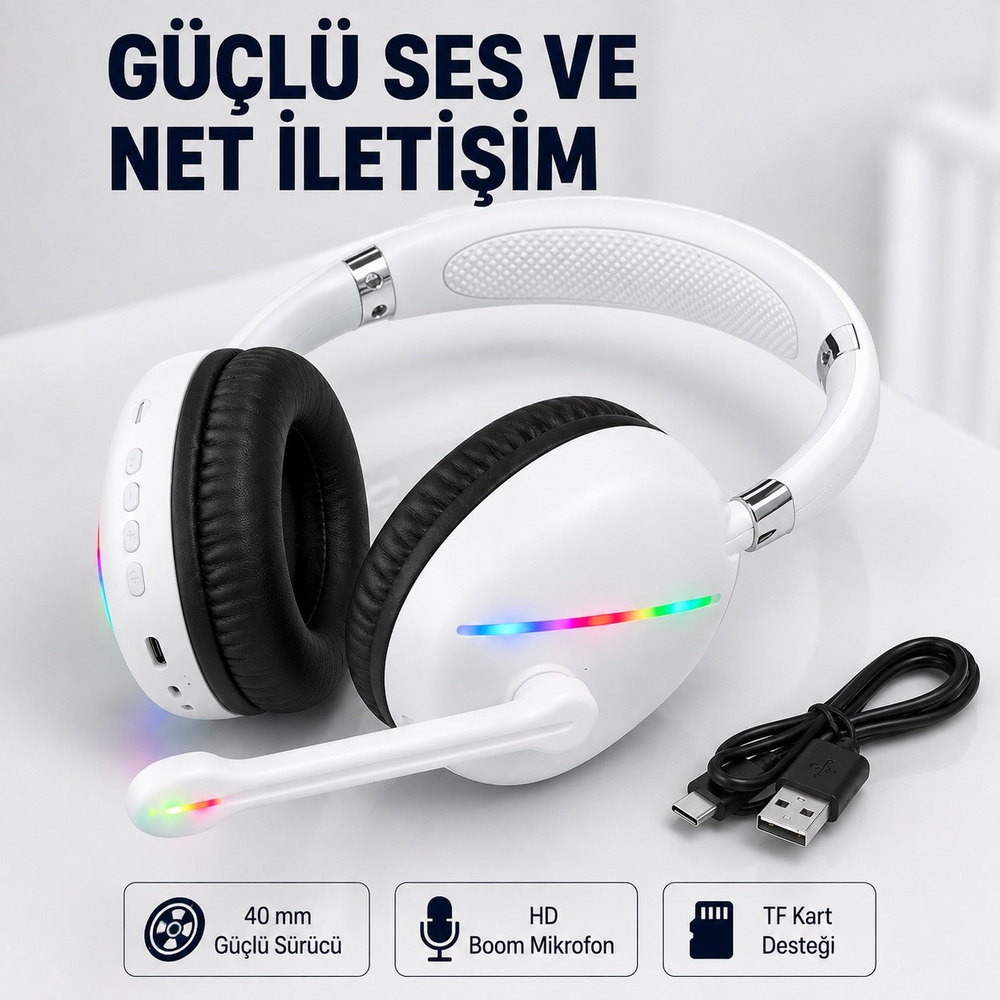 Beyaz Max17 RGB Aydınlatmalı Bluetooth 5.0 Kablosuz Kulak Üstü Oyuncu Kulaklığı Mikrofonlu 40 mm Güçlü Ses TF Kart Destekli Type C Şarjlı Gaming Headset