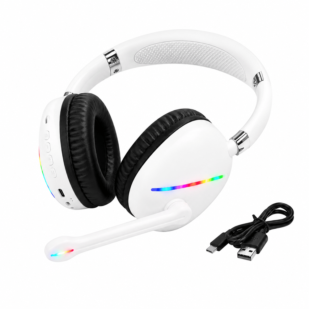 Beyaz Max17 RGB Aydınlatmalı Bluetooth 5.0 Kablosuz Kulak Üstü Oyuncu Kulaklığı Mikrofonlu 40 mm Güçlü Ses TF Kart Destekli Type C Şarjlı Gaming Headset