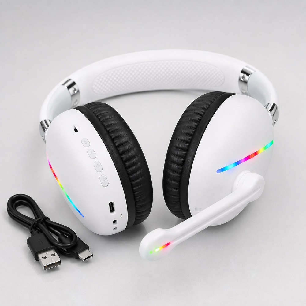 Beyaz Max17 RGB Aydınlatmalı Bluetooth 5.0 Kablosuz Kulak Üstü Oyuncu Kulaklığı Mikrofonlu 40 mm Güçlü Ses TF Kart Destekli Type C Şarjlı Gaming Headset