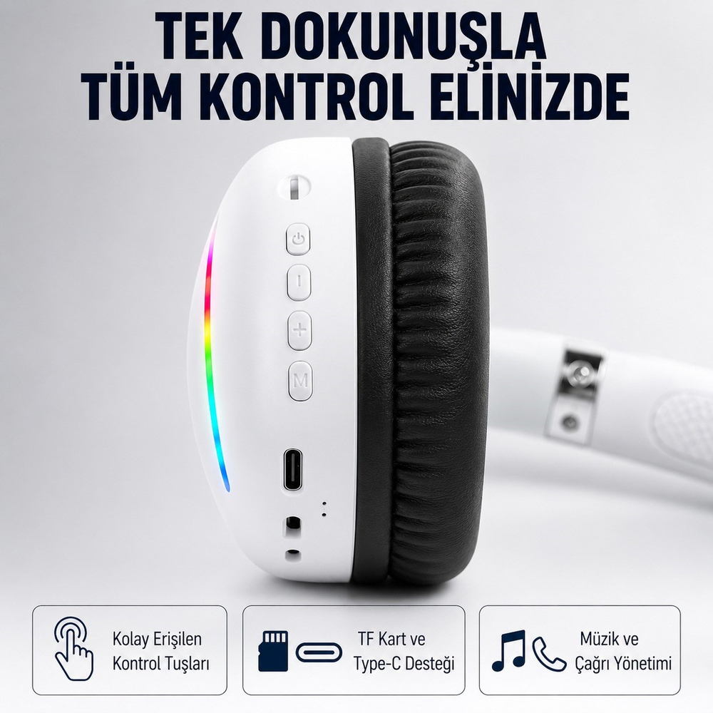 Beyaz Max17 RGB Aydınlatmalı Bluetooth 5.0 Kablosuz Kulak Üstü Oyuncu Kulaklığı Mikrofonlu 40 mm Güçlü Ses TF Kart Destekli Type C Şarjlı Gaming Headset
