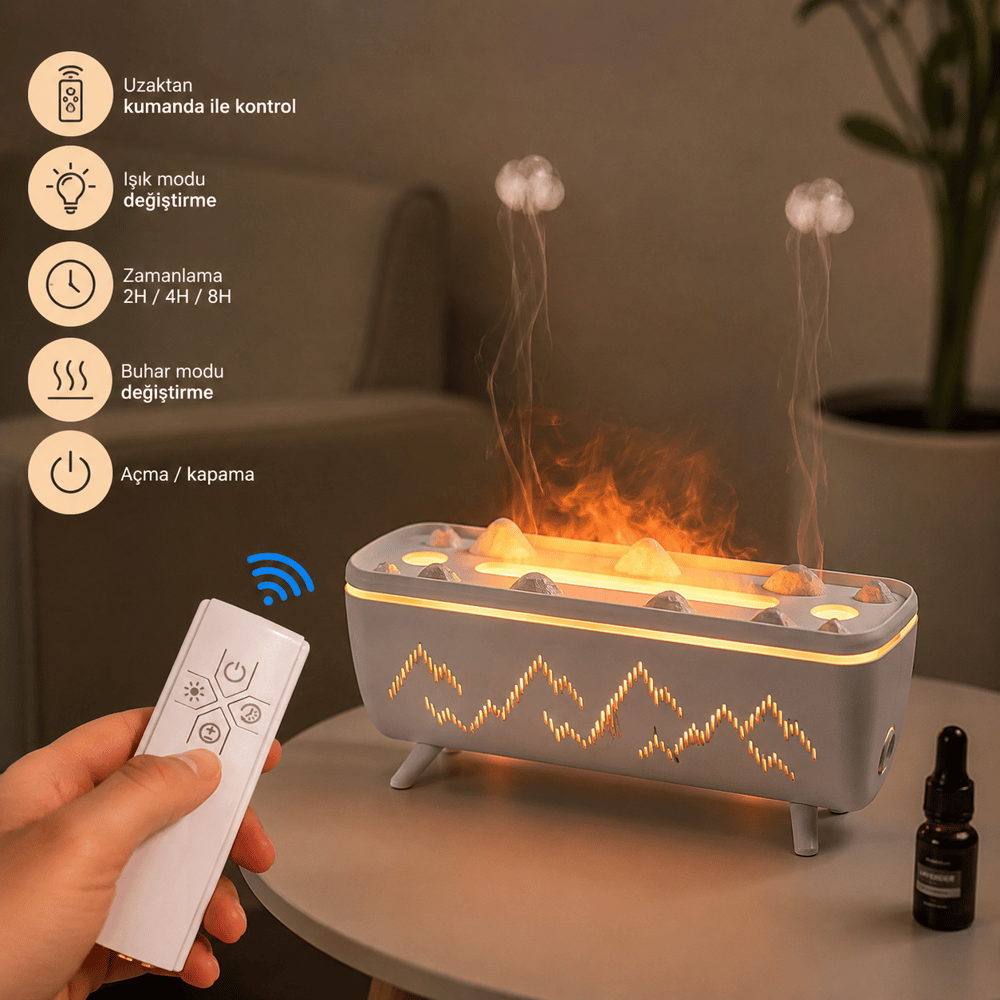 Beyaz PDPG-V72 280 ML Alev Efektli Aroma Difüzörü ve Hava Nemlendirici Kablolu 3 Renk LED Işıklı Uzaktan Kumandalı Zaman Ayarlı Dekoratif Buhar Makinesi