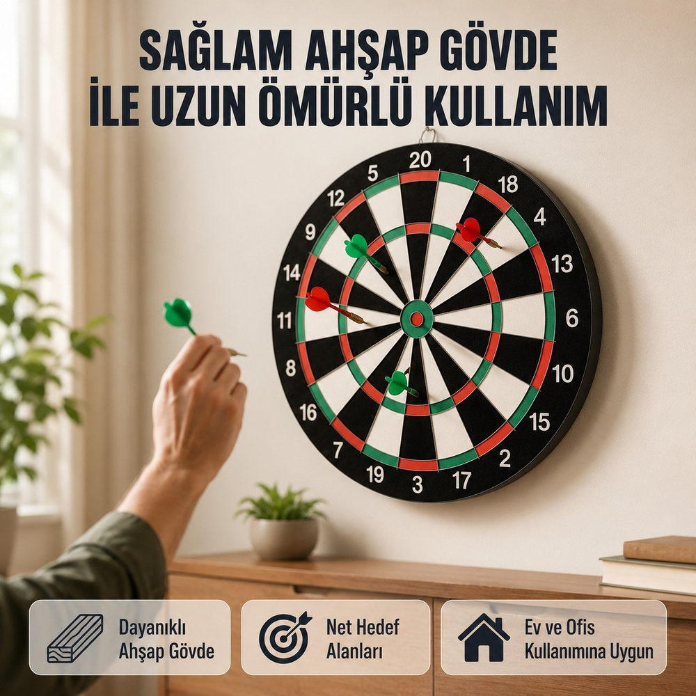 Çift Taraflı Ahşap Dart Tahtası Seti 6 Adet Metal Uçlu Dart Oku ile Profesyonel Hedef Oyunu Eğlence Seti