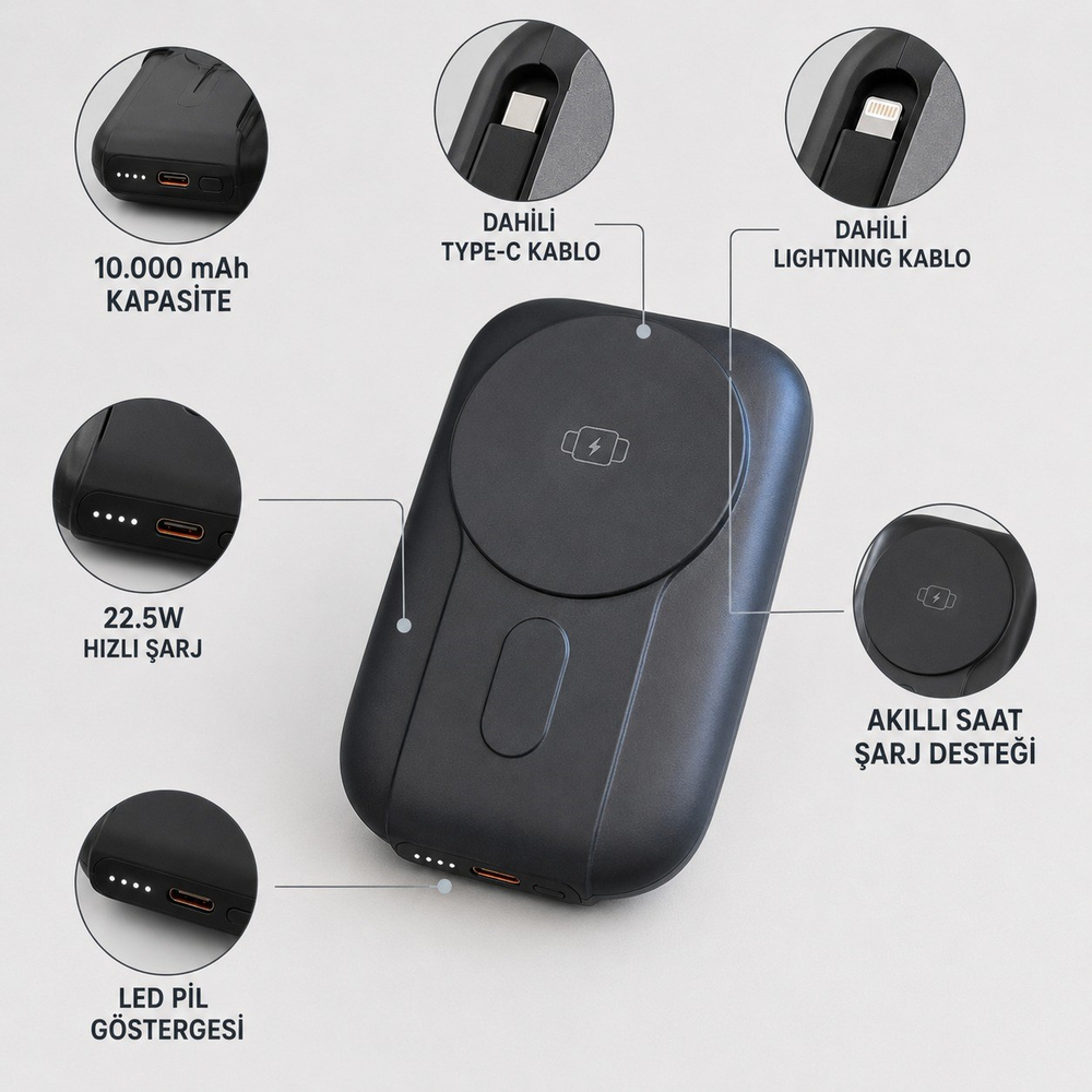 CK90 10000 mAh 4ü 1 Arada Powerbank 22.5W Hızlı Şarj Manyetik Kablosuz Şarj Akıllı Saat Şarjı Dahili Type C ve Lightning Kablolu Standlı Powerbank