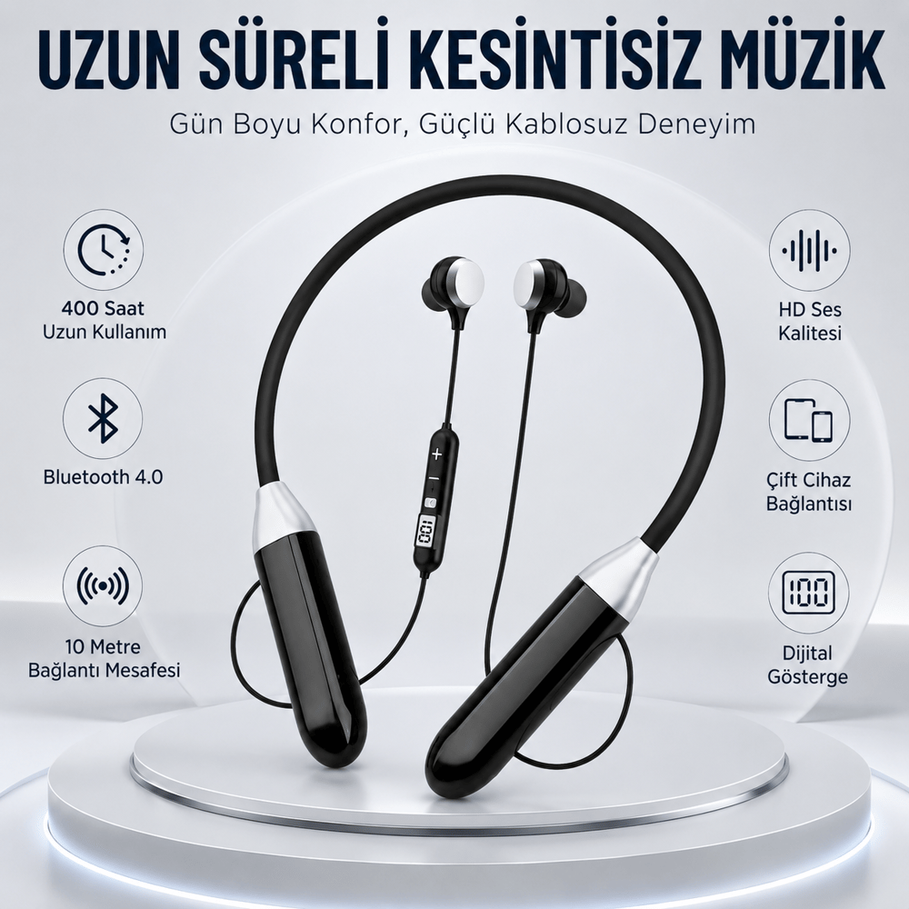 Comfort-04 Boyun Tipi Bluetooth Kulaklık 400 Saat Uzun Kullanım Dijital Göstergeli HD Ses Çift Cihaz Bağlantılı Kablosuz Kulaklık