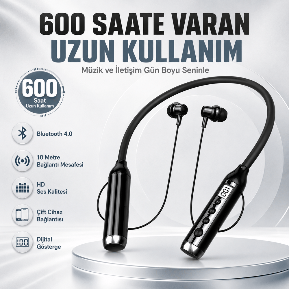 Comfort-05 Boyun Tipi Bluetooth Kulaklık 600 Saat Uzun Kullanım Dijital Göstergeli HD Ses Çift Cihaz Bağlantılı Kablosuz Kulaklık