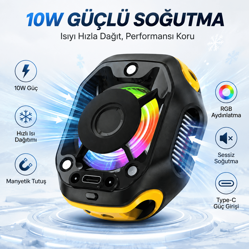 CX12 Manyetik Telefon Soğutucu Fan 10W Hızlı Soğutma RGB Aydınlatmalı Sessiz Type-C Mobil Oyun Soğutucu