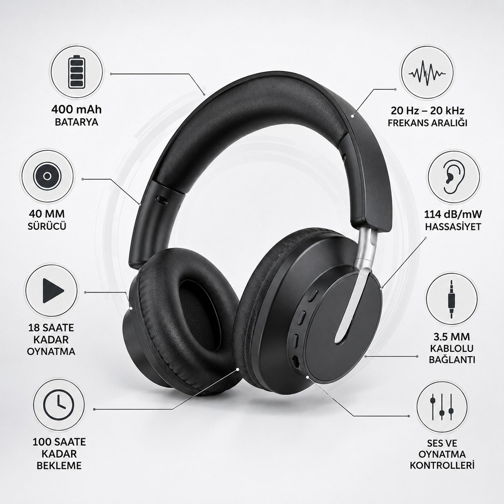CYZ-MAX24 Kablosuz Bluetooth Kulak Üstü Kulaklık 400 Mah Şarj Edilebilir 3.5 mm Aux Kablolu Kullanım Destekli Kulaklık
