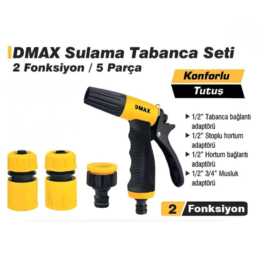 D-Max DMX4268 2 Fonksiyonlu Bahçe Sulama Tabancası Seti 5 Parça 1/2 Uyumlu Extra Güçlü Su Püskürtme Tabancası Su Püskürtücü