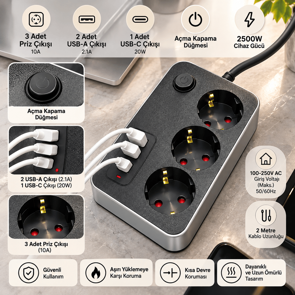 FTR02 Termal Akım Korumalı 3lü Çoklu Priz 2 USB ve 1 Type C Girişli 20W PD Şarj Destekli 2500W Güç Kapasiteli Açma Kapama Düğmeli Uzatma Kablosu