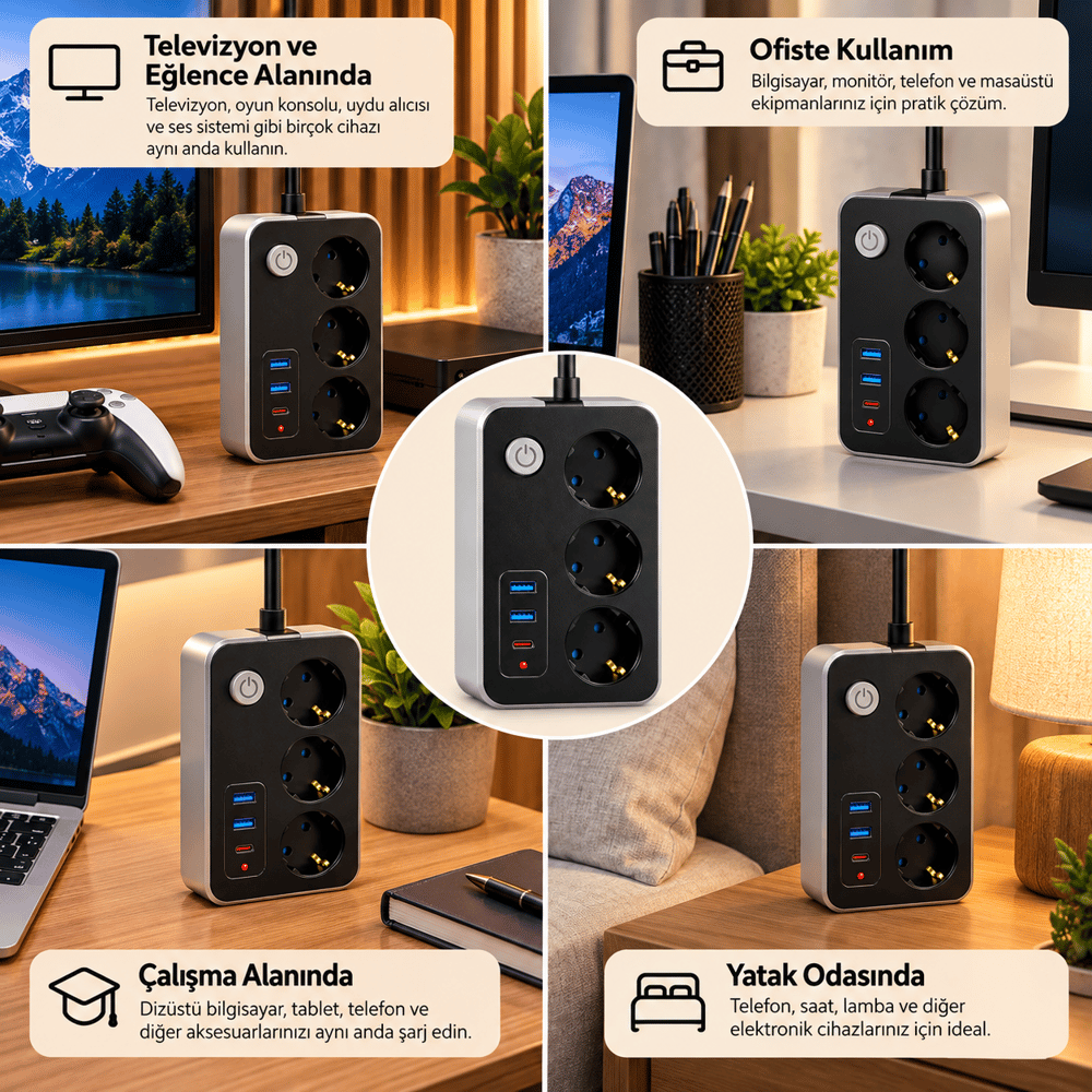 FTR02 Termal Akım Korumalı 3lü Çoklu Priz 2 USB ve 1 Type C Girişli 20W PD Şarj Destekli 2500W Güç Kapasiteli Açma Kapama Düğmeli Uzatma Kablosu