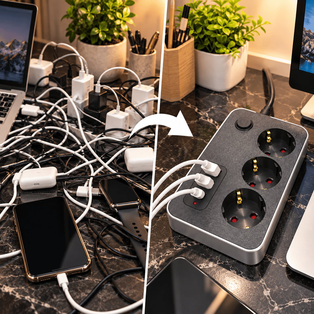 FTR02 Termal Akım Korumalı 3lü Çoklu Priz 2 USB ve 1 Type C Girişli 20W PD Şarj Destekli 2500W Güç Kapasiteli Açma Kapama Düğmeli Uzatma Kablosu