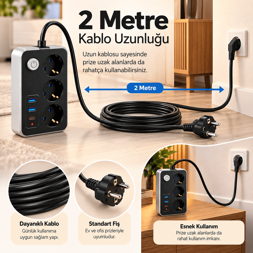 FTR02 Termal Akım Korumalı 3lü Çoklu Priz 2 USB ve 1 Type C Girişli 20W PD Şarj Destekli 2500W Güç Kapasiteli Açma Kapama Düğmeli Uzatma Kablosu