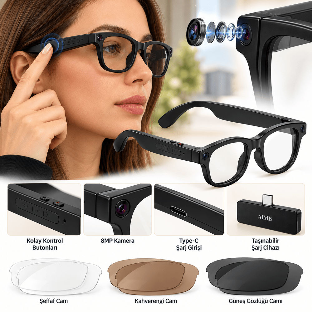 G1 Max Akıllı Kamera Gözlük 8MP Kamera WiFi Bluetooth Yapay Zeka Destekli Çoklu Dil Çeviri Fotoğraf Video Çekim Sesli Asistan Değiştirilebilir Cam