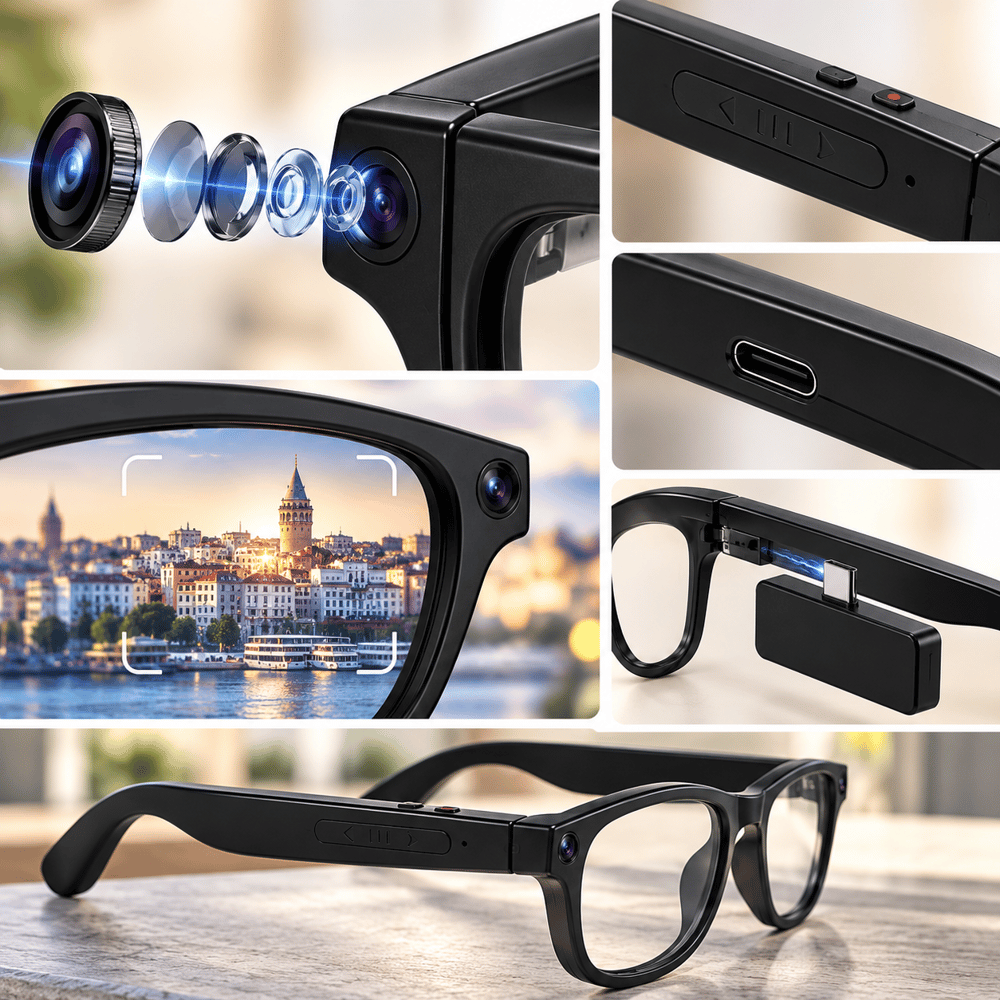 G1 Max Akıllı Kamera Gözlük 8MP Kamera WiFi Bluetooth Yapay Zeka Destekli Çoklu Dil Çeviri Fotoğraf Video Çekim Sesli Asistan Değiştirilebilir Cam