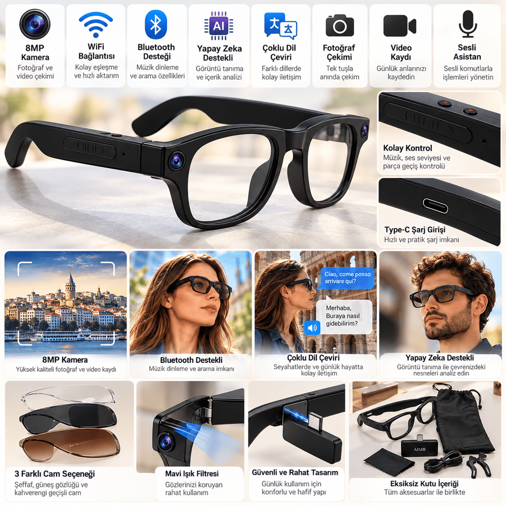G1 Max Akıllı Kamera Gözlük 8MP Kamera WiFi Bluetooth Yapay Zeka Destekli Çoklu Dil Çeviri Fotoğraf Video Çekim Sesli Asistan Değiştirilebilir Cam