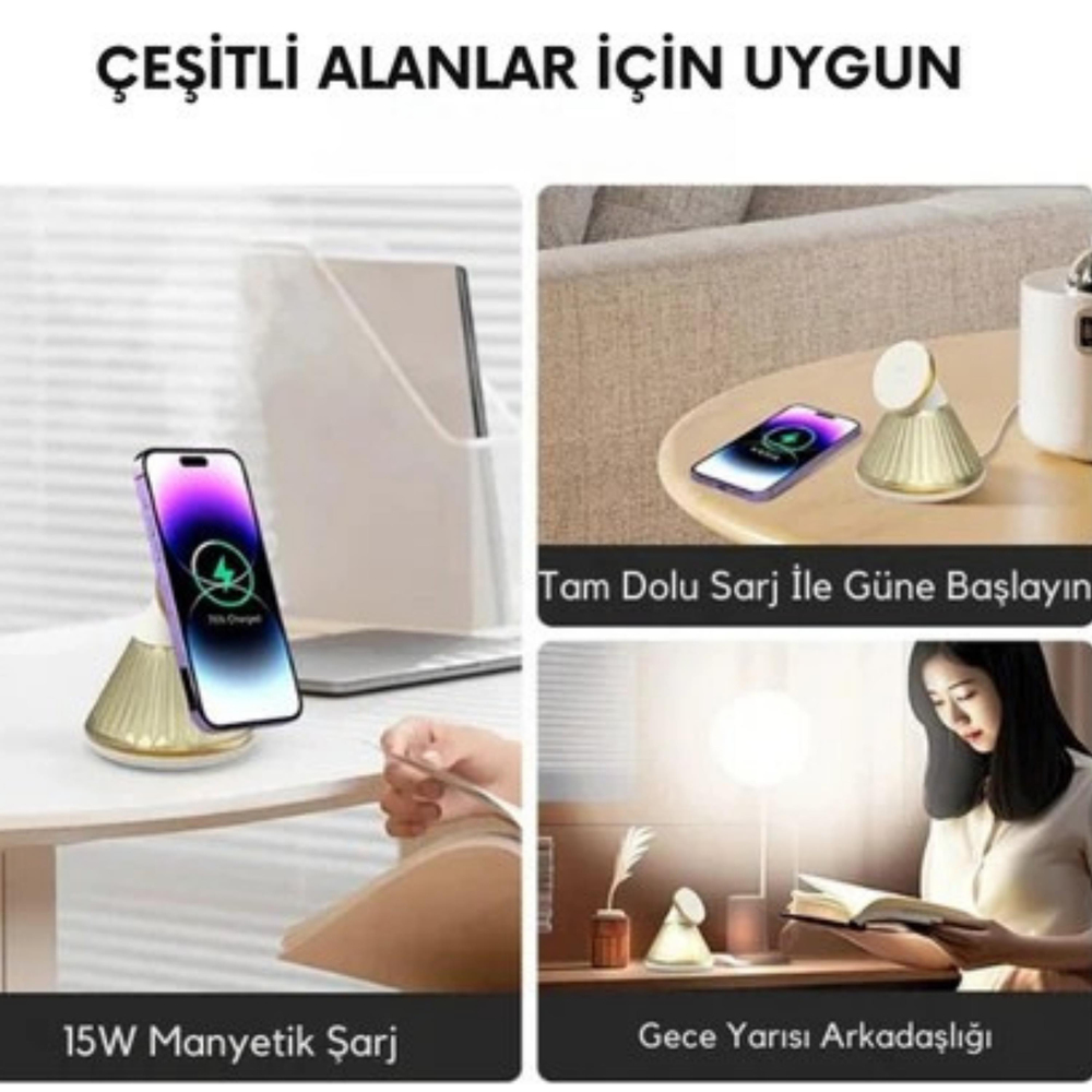 Gold 15W Manyetik Kablosuz Hızlı Şarj Standı Ve Gece Lambası 