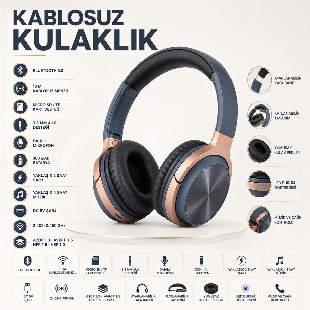 Gri BT830 Kablosuz Bluetooth 5.0 Kulak Üstü Kulaklık TF Kart Destekli Aux Girişli Şarj Edilebilir Kulaklık