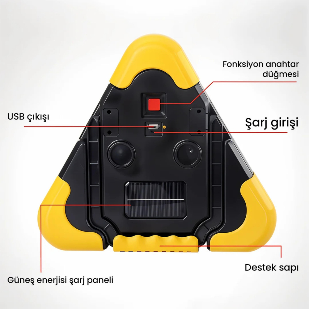 Güneş Enerjili Üçgen LED Uyarı Lambası | USB Şarjlı Çok Fonksiyonlu Kamp ve Acil Durum Işığı Reflektör