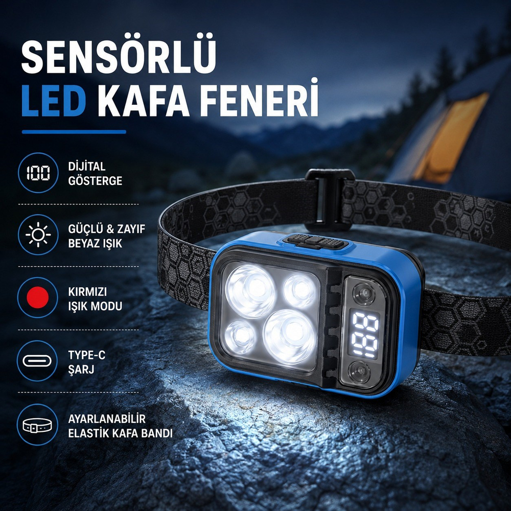 HS-217 Sensörlü Şarjlı LED Kafa Feneri Type-C Şarjlı Dijital Batarya Göstergeli Çok Modlu Güçlü Işıklı Kamp Yürüyüş Tamirat ve Çalışma Feneri