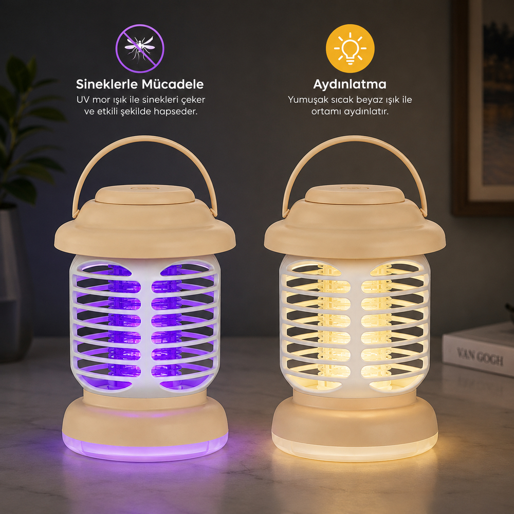 HS376 Şarjlı LED Kamp Lambası Elektrikli Sinek Öldürücü UV Işıklı USB Type C Taşınabilir Askılı Kamp Feneri W3