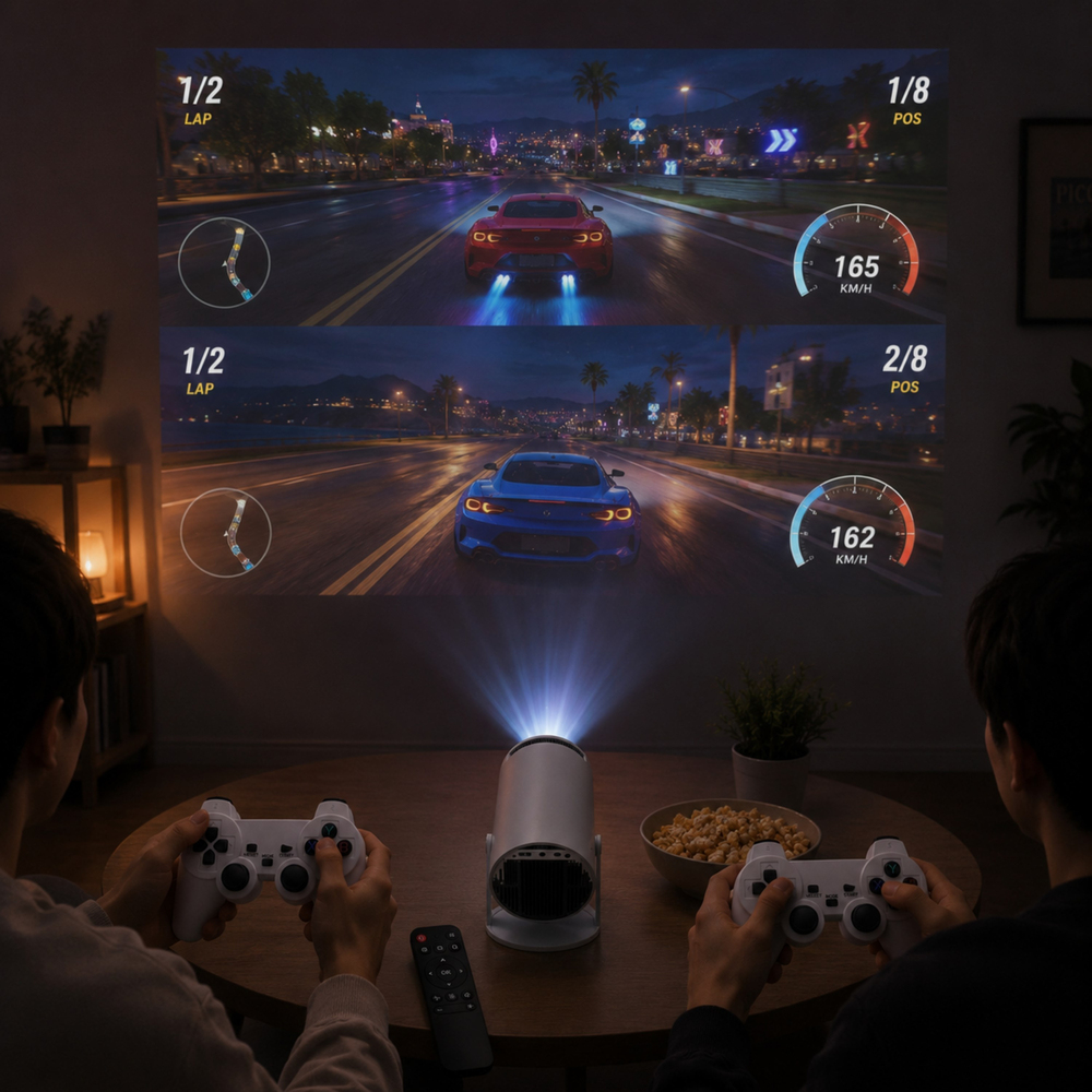 HY300-A Android Akıllı Oyunlu Projeksiyon Cihazı WiFi Bluetooth AirPlay Miracast HDMI USB TF Kart Girişli 2 Kablosuz Oyun Kollu Projektör