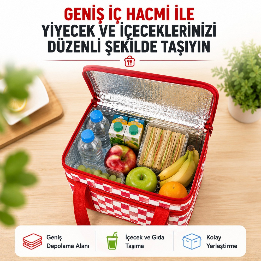 Isı Yalıtımlı Termal Piknik Çantası Geniş İç Hacimli Sıcak Soğuk Koruyucu Fermuarlı Yiyecek İçecek Taşıma Çantası