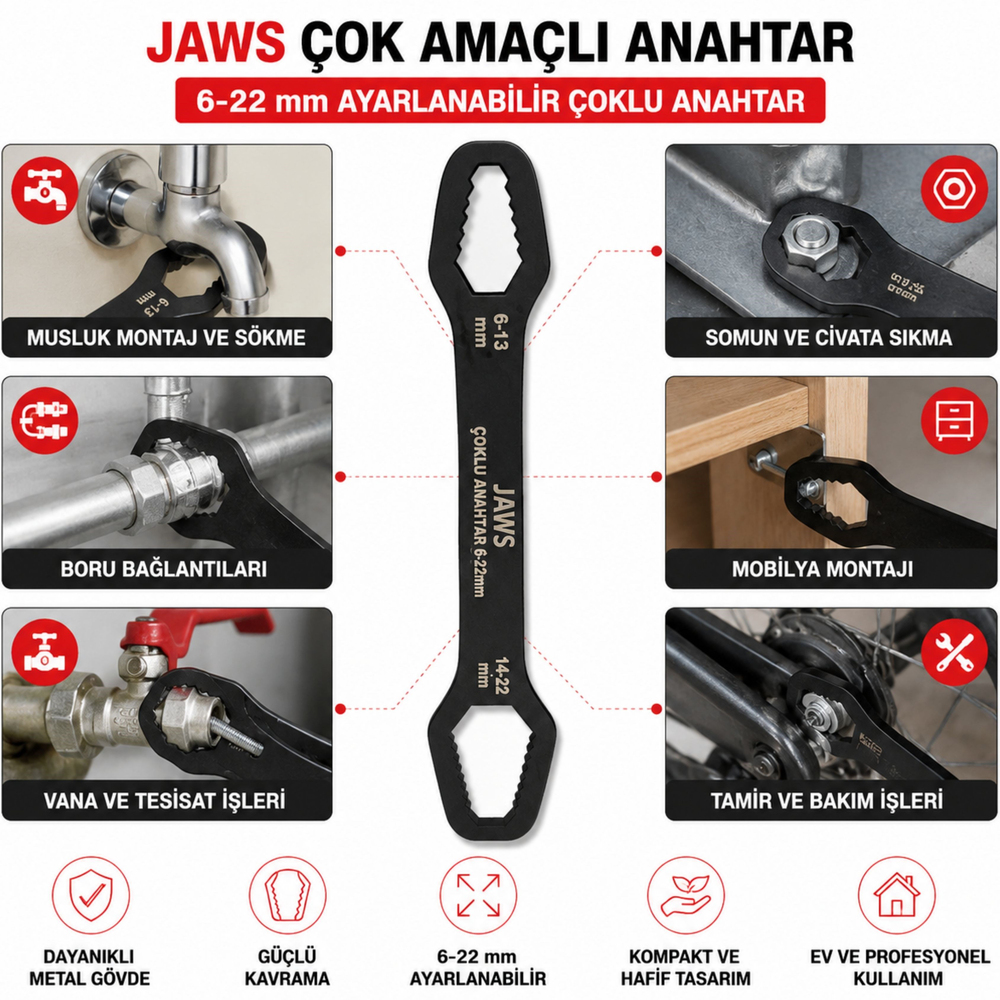 Jaws Çok Amaçlı Evrensel Anahtar 6-22 mm Ayarlanabilir Çoklu Somun Boru Musluk Anahtarı Pratik El Aleti 6-13 14-22 Çoklu Anahtar
