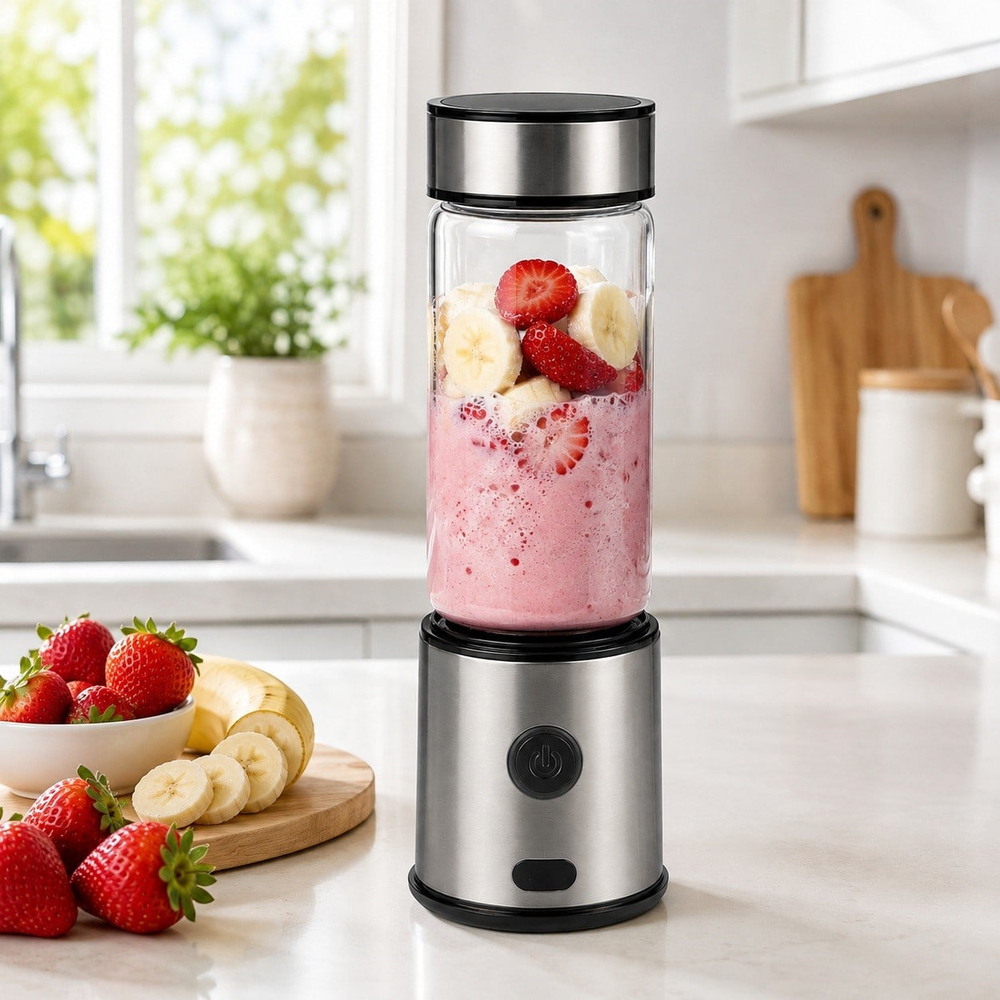 JC-08 Şarjlı Taşınabilir Blender 4000 mAh 16500 Devir 6 Bıçaklı Buz Kırma Özellikli 450 ml ve 350 ml Çift Cam Hazneli Smoothie Blender