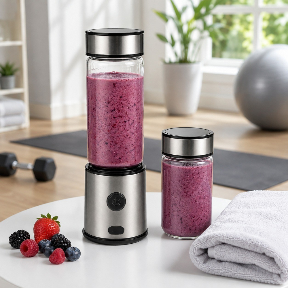 JC-08 Şarjlı Taşınabilir Blender 4000 mAh 16500 Devir 6 Bıçaklı Buz Kırma Özellikli 450 ml ve 350 ml Çift Cam Hazneli Smoothie Blender