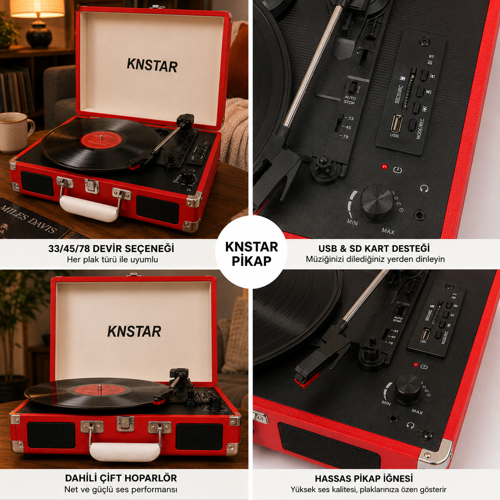 Kırmızı Retro Valiz Tipi Pikap 33 45 78 Devir Bluetooth USB SD Kart Destekli Dahili Hoparlörlü Taşınabilir Plak Çalar