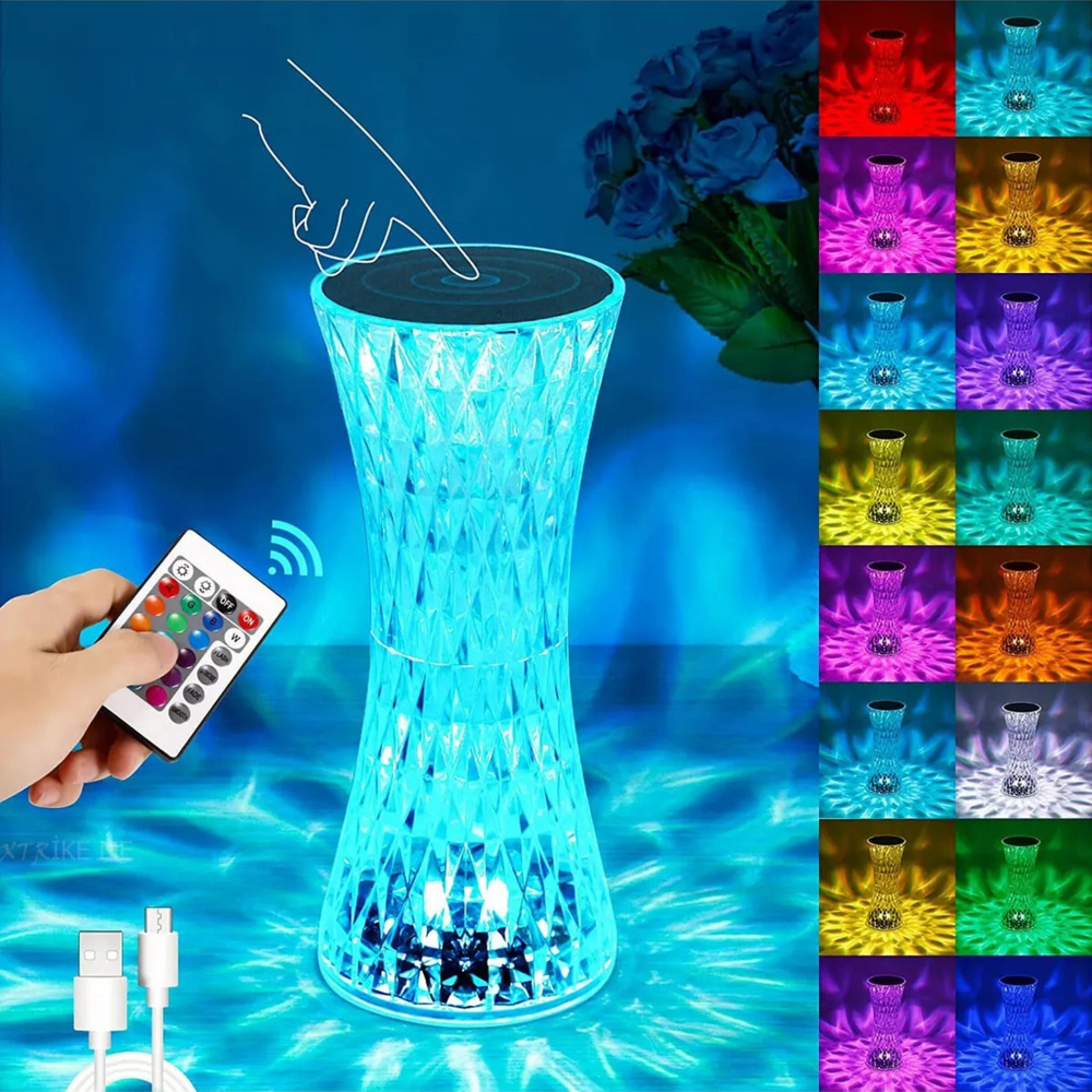 Kristal Dekoratif Masa Lambası Rgb Renk Değiştiren Dokunmatik Kontrollü 16 Renkli 4 Modlu Gece Lambası